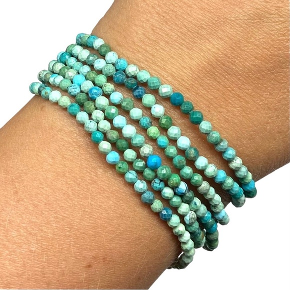 3mm Chrysocolla Beaded Stretch Bracelet Blue Green Aqua Turquoise Stone Faceted - Picture 2 of 9